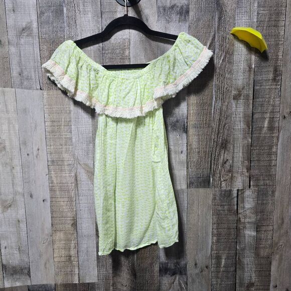 Roberta Roller Rabbit Chartreuse All Over Print Off Shoulder Fringe Blouse - Picture 3 of 5